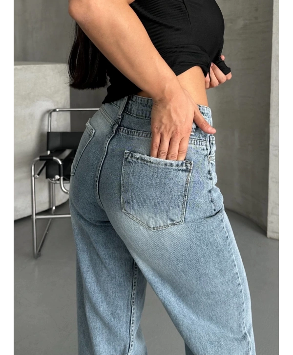 Palazzo straight kar yıkama jeans pantolon mavi d2008