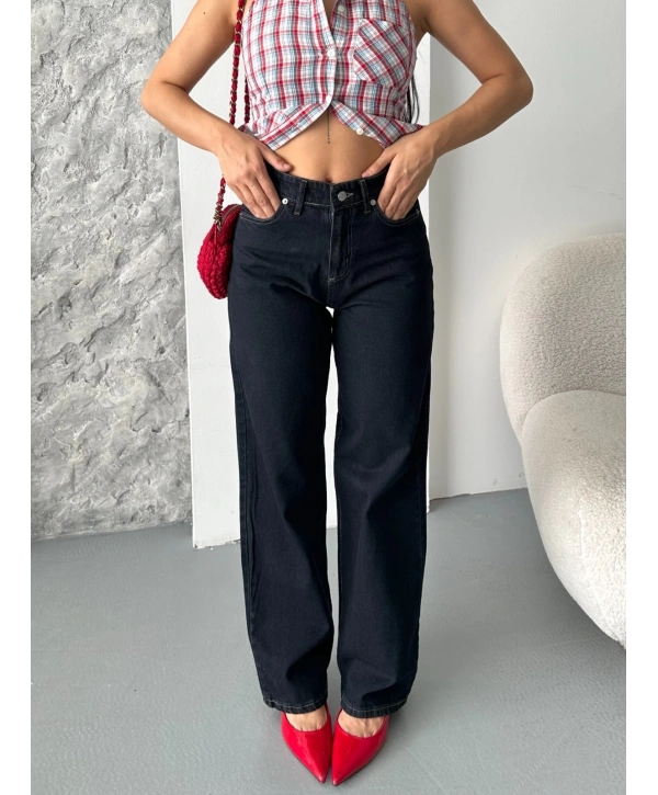 Palazzo süper taş enzim tint yıkama koyu lacivert jeans pantolon d2008