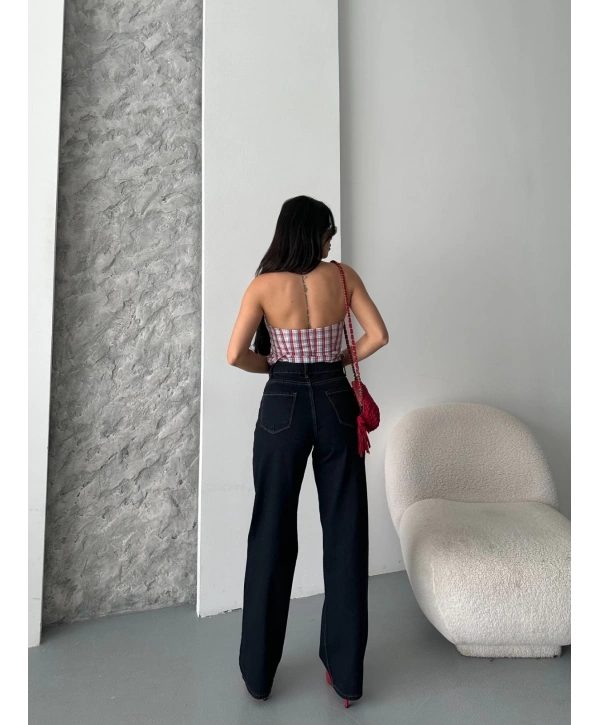 Palazzo süper taş enzim tint yıkama koyu lacivert jeans pantolon d2008