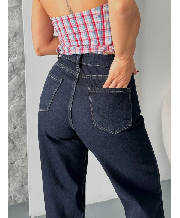 Palazzo süper taş enzim tint yıkama koyu lacivert jeans pantolon d2008