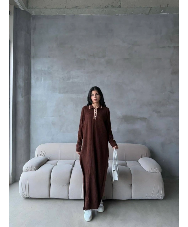 Pantolon yırtmaçlı elbise ikili triko takım kahve elf