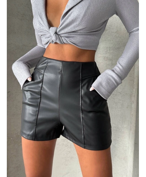 Parçalı cepli deri şort siyah w26312