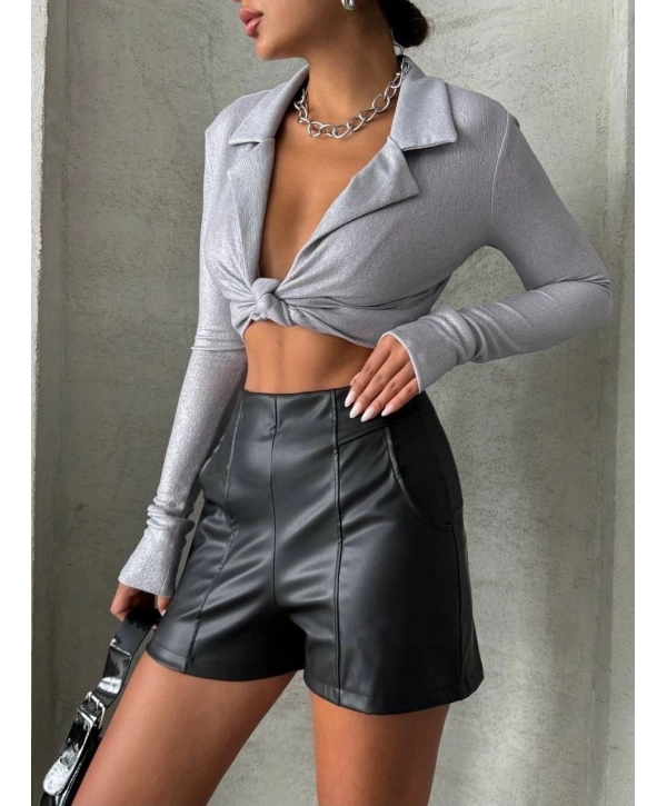 Parçalı cepli deri şort siyah w26312