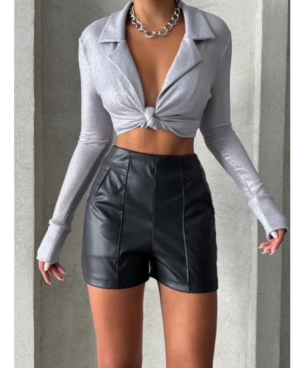 Parçalı cepli deri şort siyah w26312