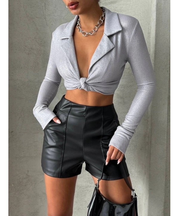 Parçalı cepli deri şort siyah w26312