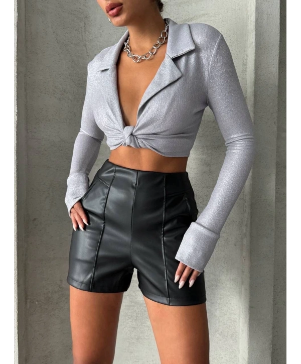 Parçalı cepli deri şort siyah w26312