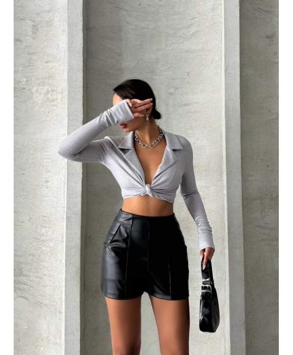 Parçalı cepli deri şort siyah w26312