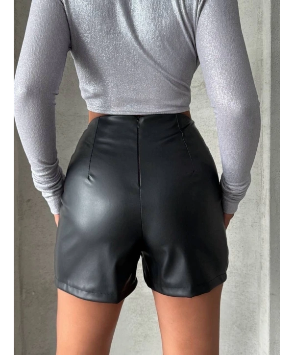 Parçalı cepli deri şort siyah w26312