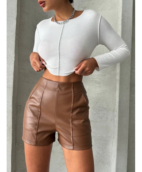 Parçalı cepli deri şort taba w26312