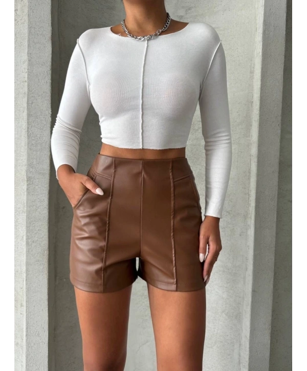 Parçalı cepli deri şort taba w26312