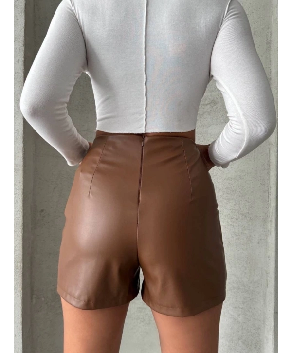 Parçalı cepli deri şort taba w26312