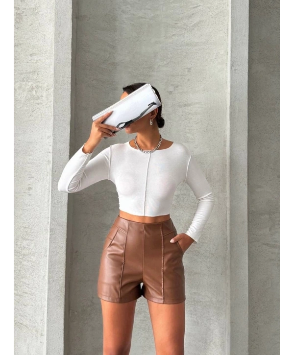 Parçalı cepli deri şort taba w26312