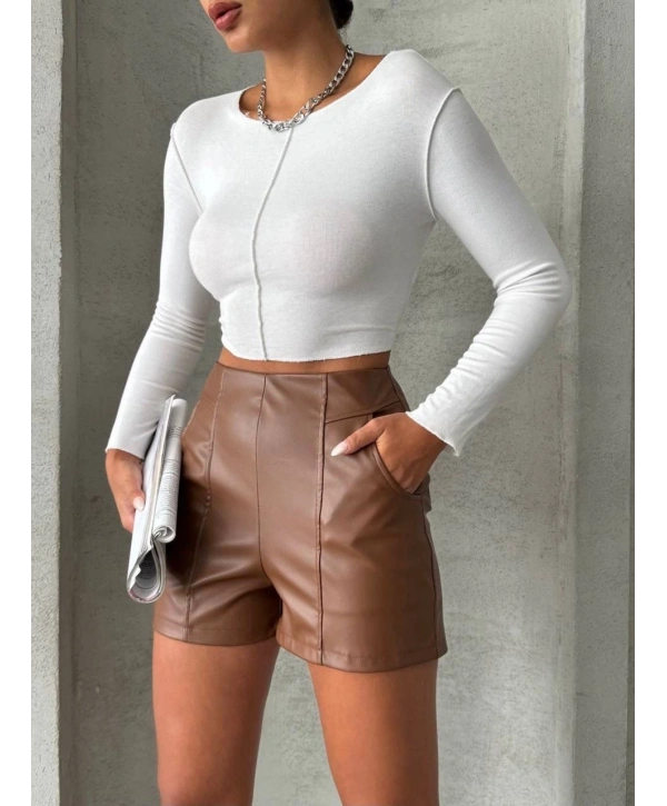 Parçalı cepli deri şort taba w26312