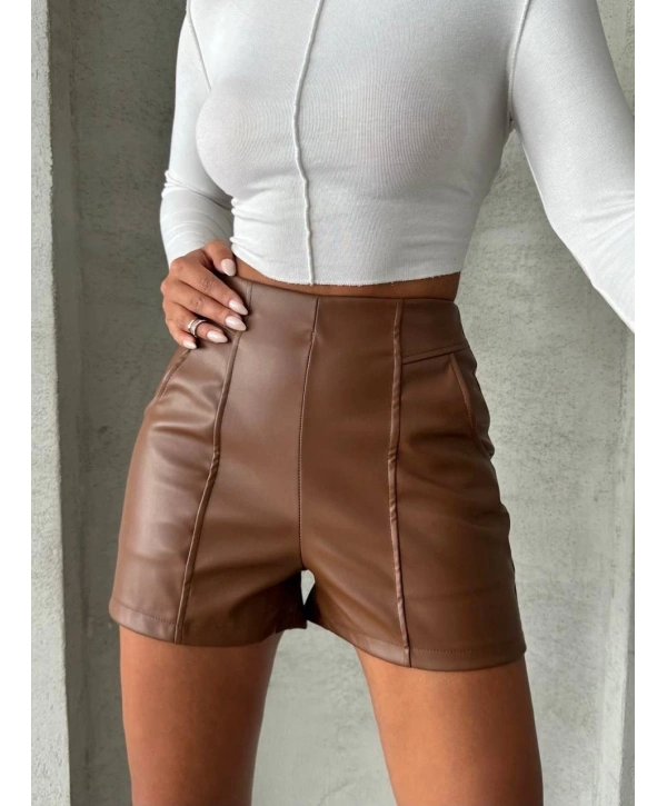 Parçalı cepli deri şort taba w26312