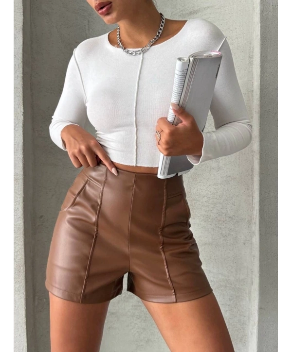 Parçalı cepli deri şort taba w26312
