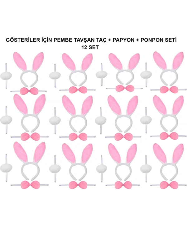 Pembe Tavşan Kostüm Seti – Taç, Papyon, Ponpon (12’li Paket)