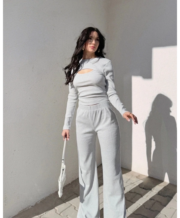 Pencereli detaylı alt üst takım gri w3864