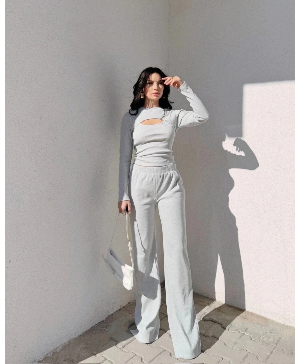 Pencereli detaylı alt üst takım gri w3864