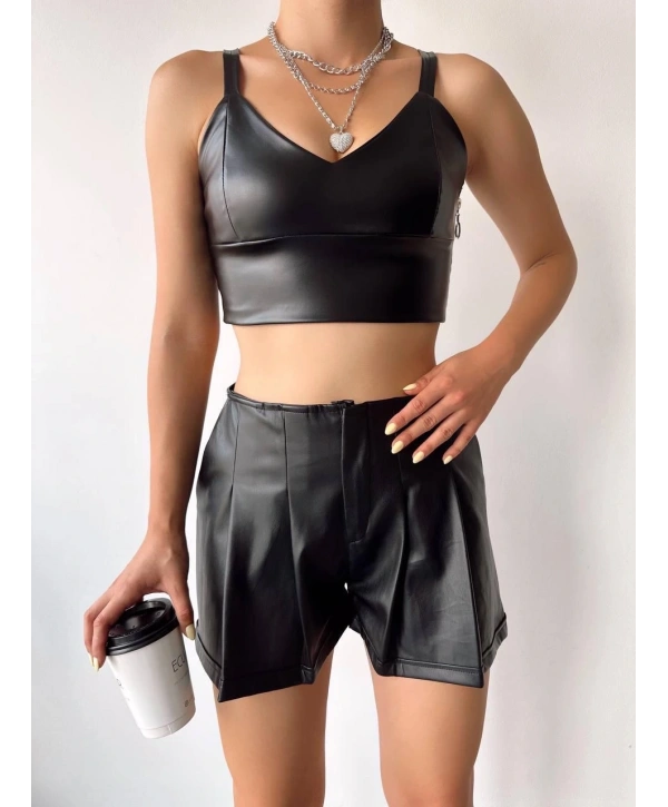 Pileli deri şort siyah h240053