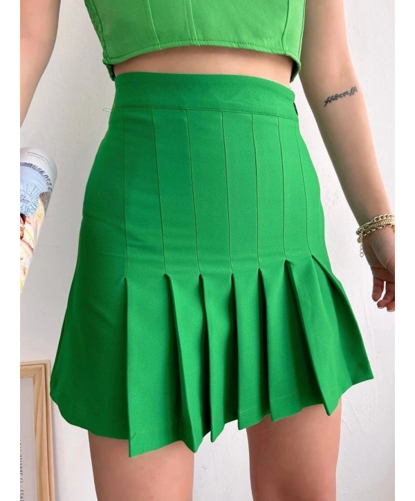 Pileli düğmeli etek açık yeşil s24811