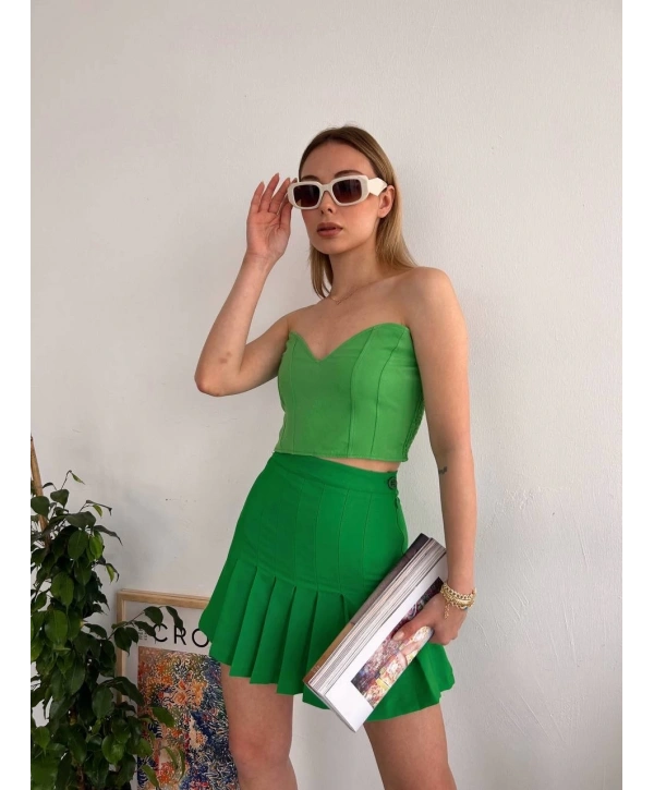 Pileli düğmeli etek açık yeşil s24811
