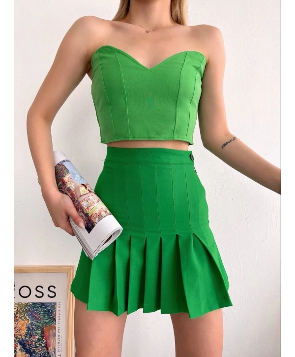 Pileli düğmeli etek açık yeşil s24811