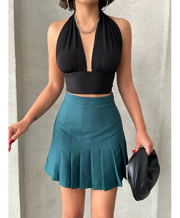 Pileli düğmeli etek yeşil s24811