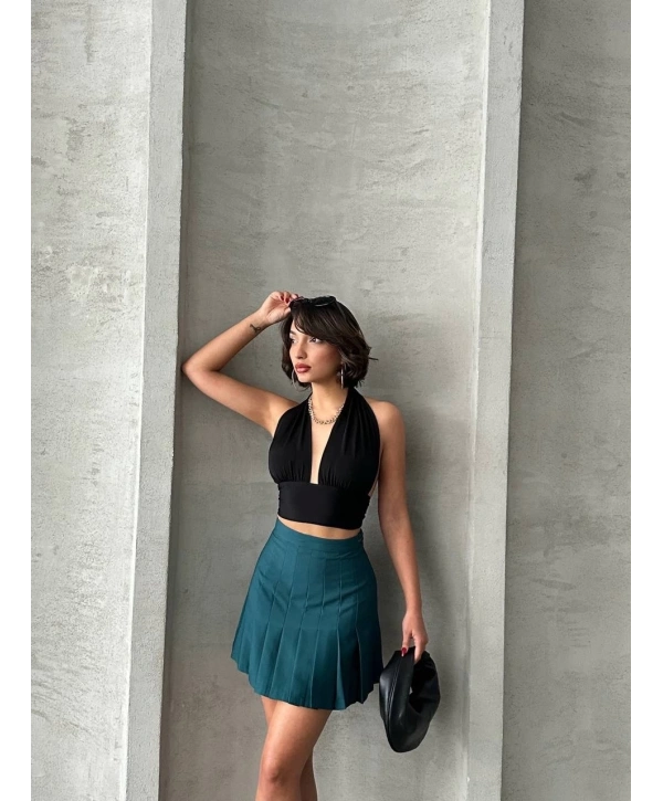 Pileli düğmeli etek yeşil s24811