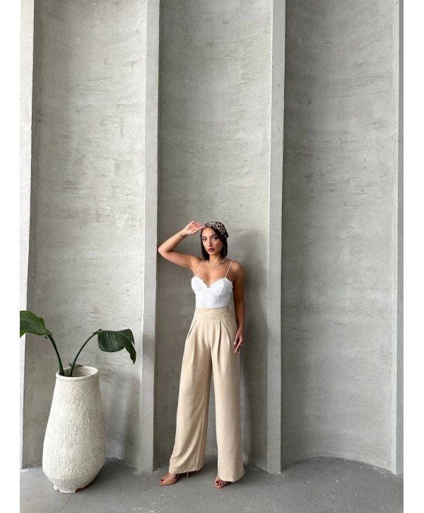 Pileli keten pantolon s255046