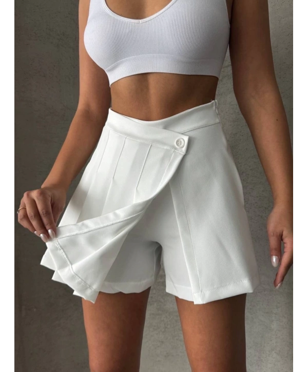 Piliseli düğmeli şort etek beyaz s25813