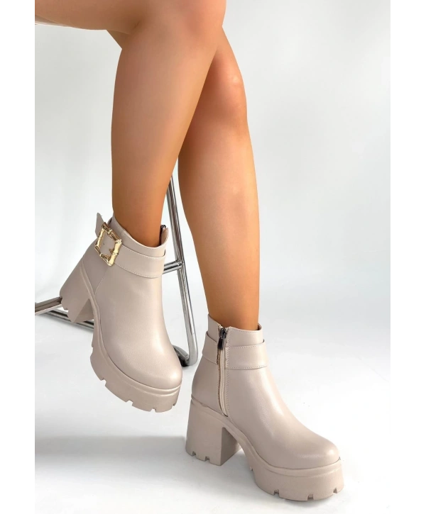 Pinma Bej Cilt Topuklu Bot