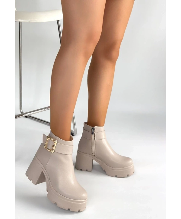 Pinma Bej Cilt Topuklu Bot