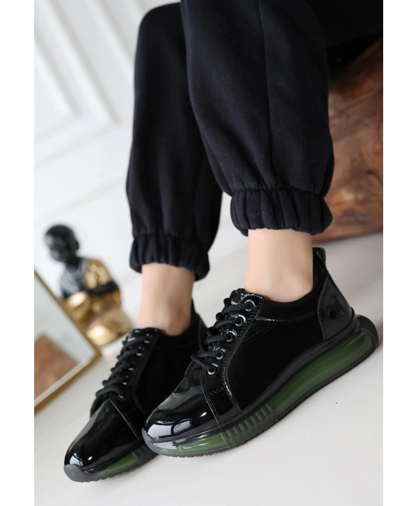 Piona Siyah Rugan Yeşil Tabanlı Spor Ayakkabı