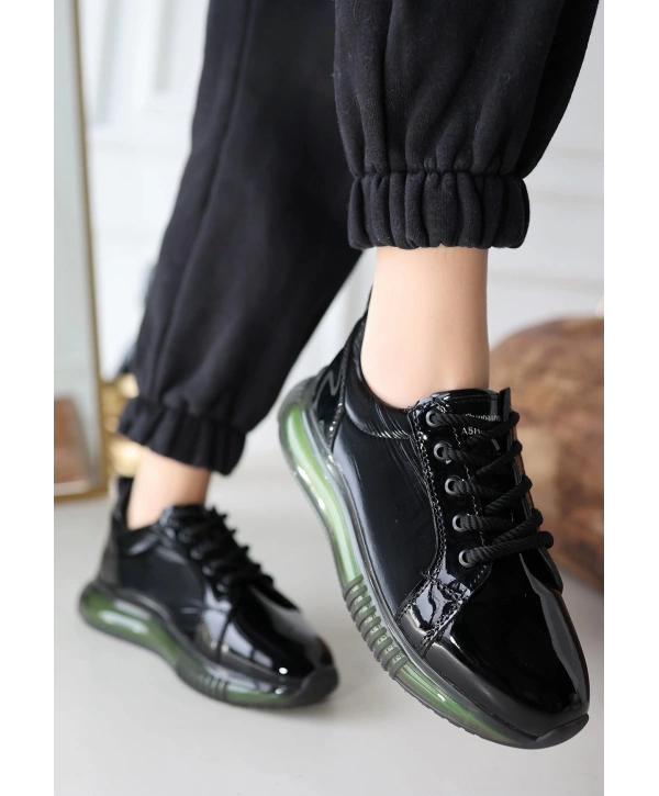 Piona Siyah Rugan Yeşil Tabanlı Spor Ayakkabı