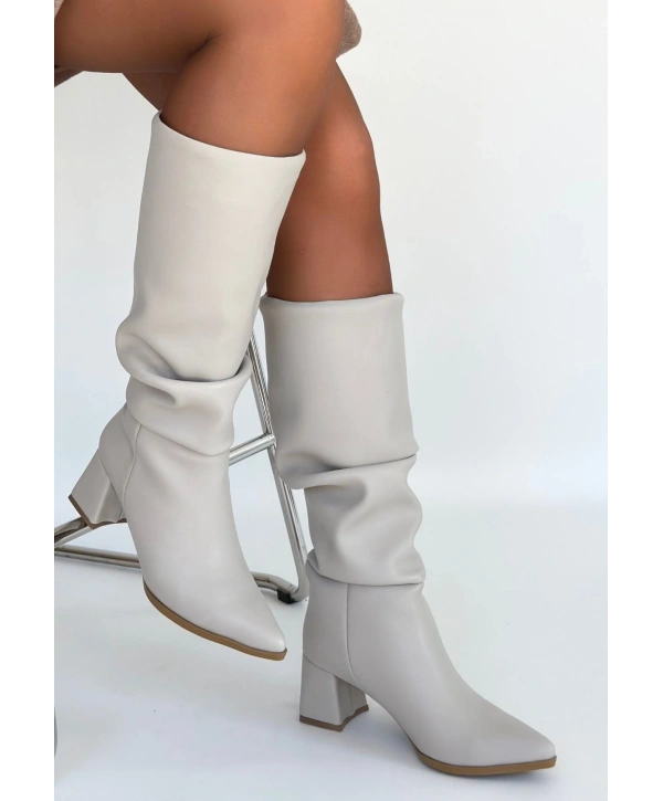 Pitay Bej Cilt Topuklu Çizme