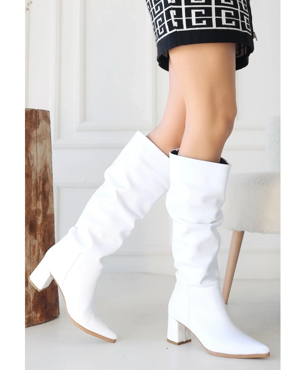 Pitay Beyaz Cilt Topuklu Çizme