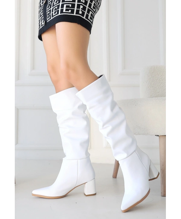 Pitay Beyaz Cilt Topuklu Çizme