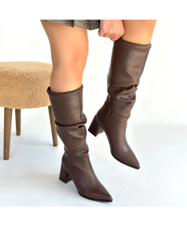 Pitay  Kahverengi Cilt Körüklü Topuklu Çizme