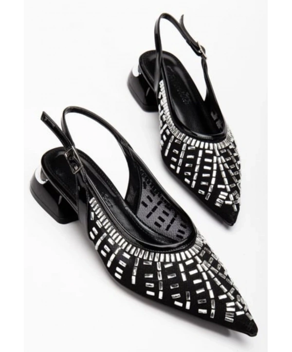 Piyar Siyah Taşlı Topuklu Ayakkabı