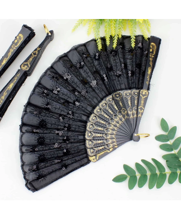 Plastik Pullu Kumaş Yelpaze 12li Siyah