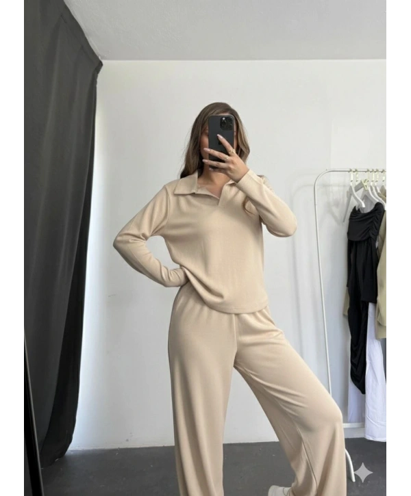 Polo yaka alt üst kollu modal takım bej pt