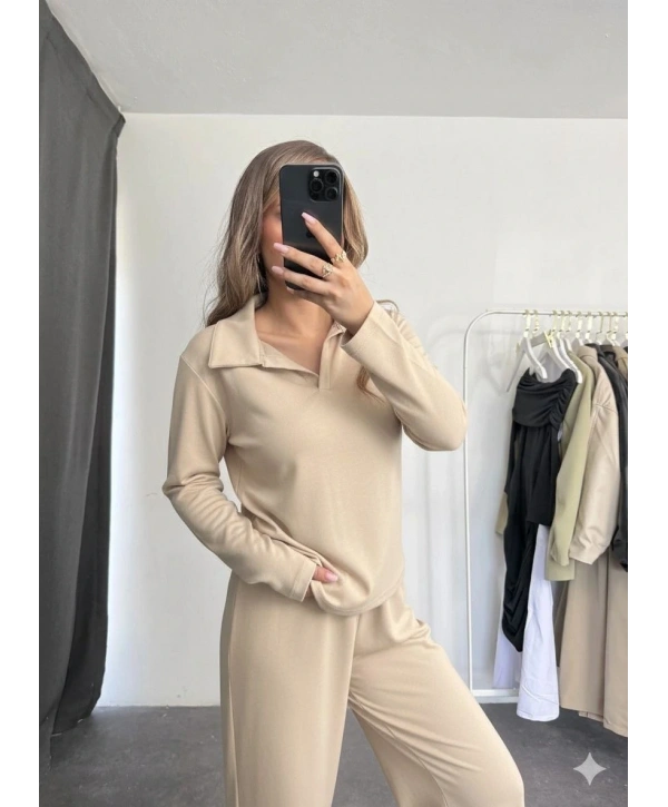 Polo yaka alt üst kollu modal takım bej pt