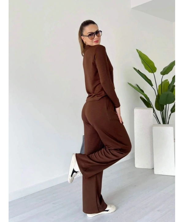 Polo yaka alt üst kollu modal takım kahve pt