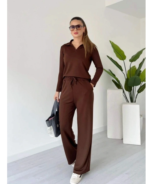 Polo yaka alt üst kollu modal takım kahve pt