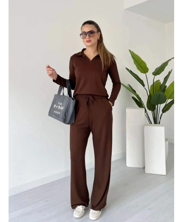 Polo yaka alt üst kollu modal takım kahve pt