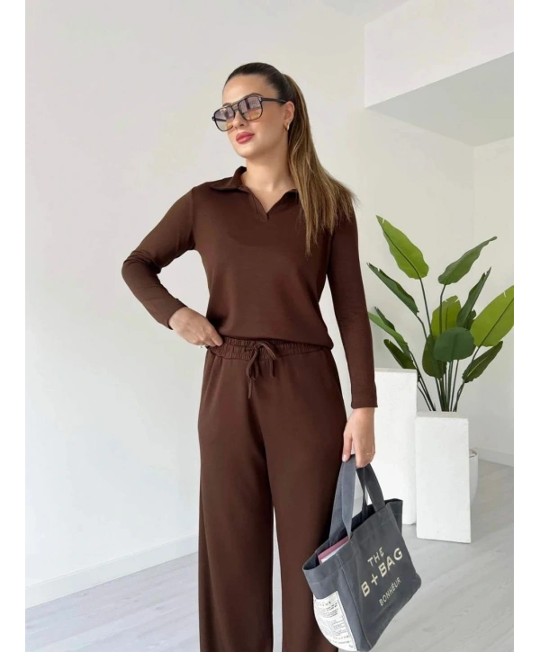 Polo yaka alt üst kollu modal takım kahve pt