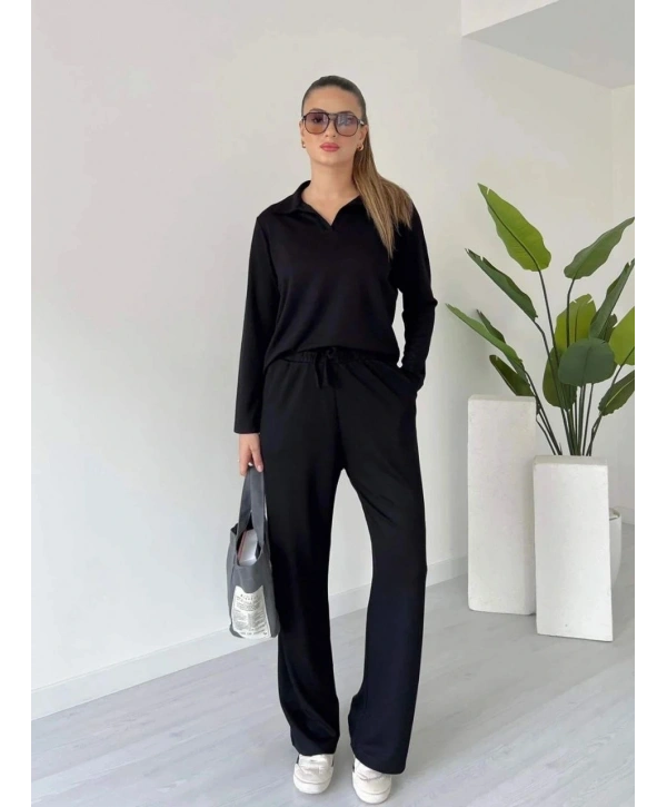 Polo yaka alt üst kollu modal takım siyah pt