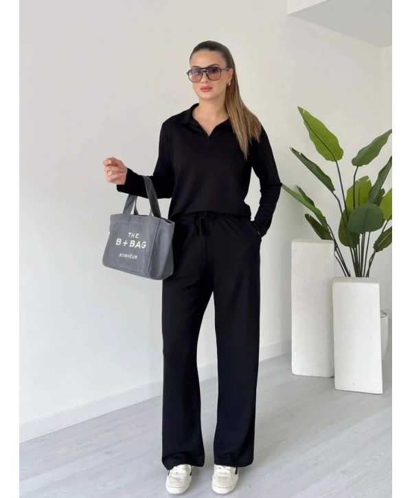 Polo yaka alt üst kollu modal takım siyah pt