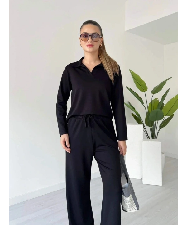 Polo yaka alt üst kollu modal takım siyah pt