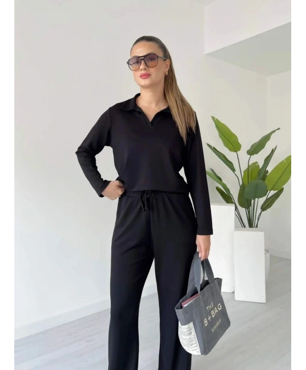Polo yaka alt üst kollu modal takım siyah pt